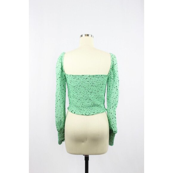 Aritzia LITTLE MOON Gimlet Green Chiffon Smocked Square Neck Blouse, Size S - Picture 3 of 13